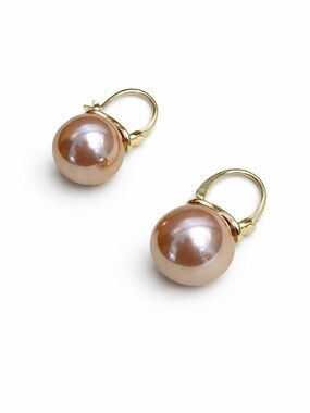 Gold Leverback Peach Pearl Drop Earrings - Women Jewelry